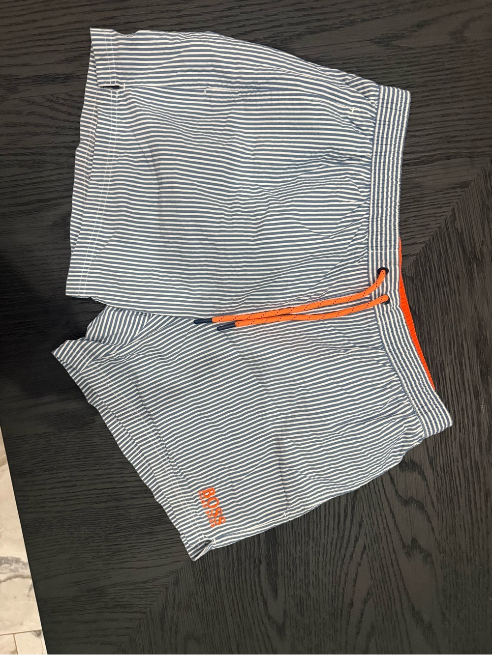 Hugo Boss Navy and White Striped Athletic Shorts with Orange Drawcord